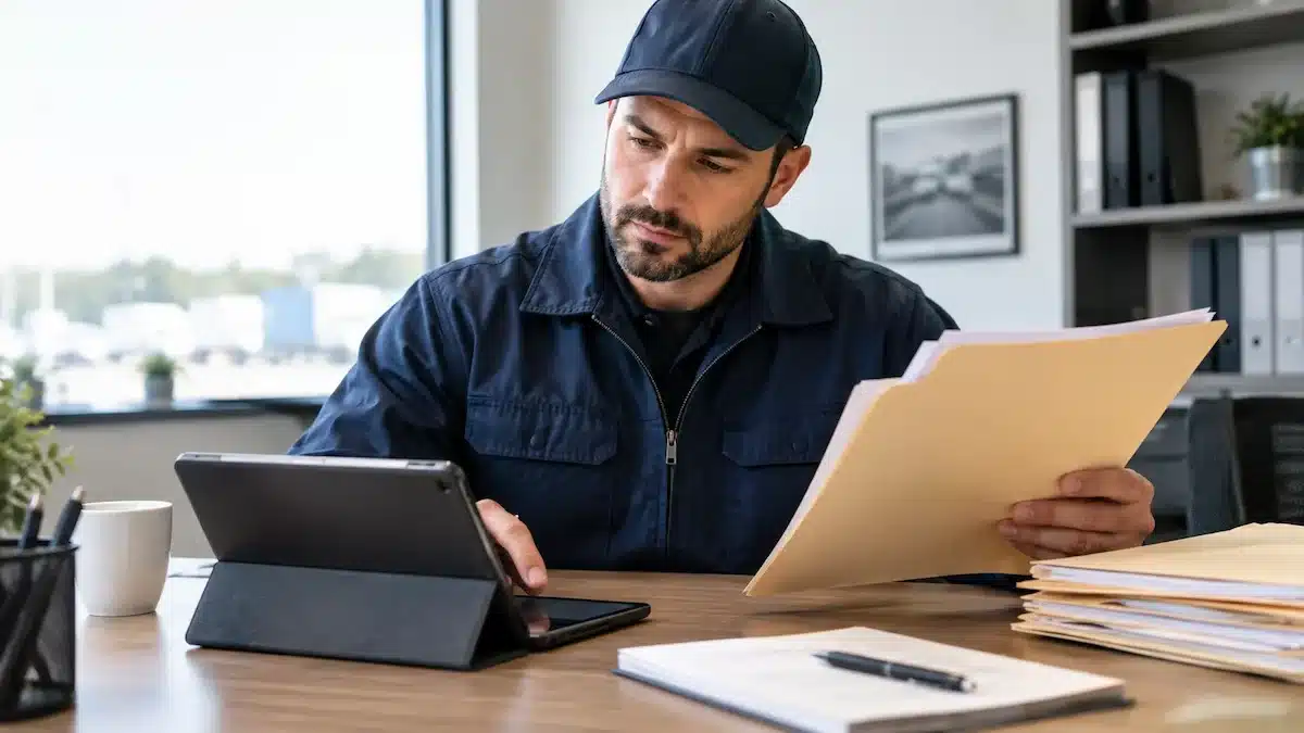 Driver reviewing compliance documents for trucking safety standards
